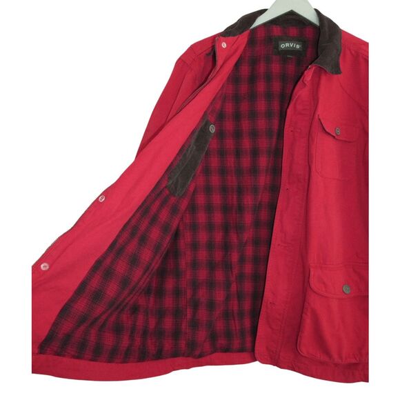 Vintage Orvis Field Jacket Mens L Red Brown Cord Trim Chore Barn Flannel Lined - Picture 3 of 8